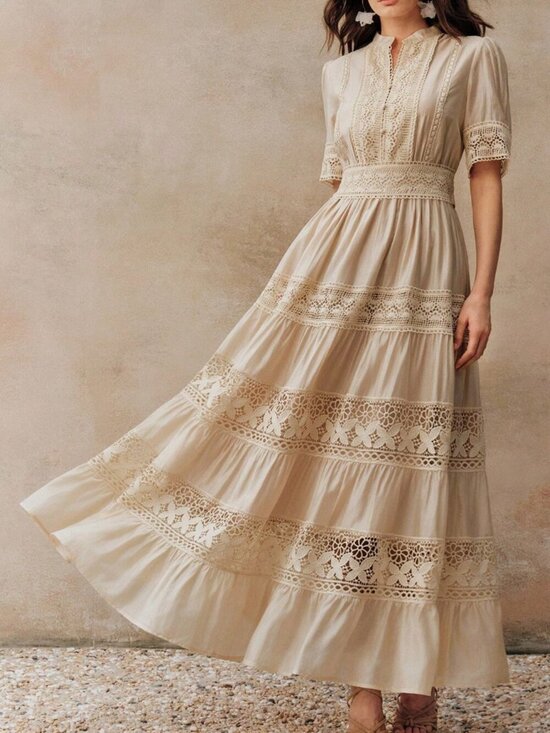 Dresses & Skirts - Apricot Boho Women's Elegant Lace Patchwork Dress